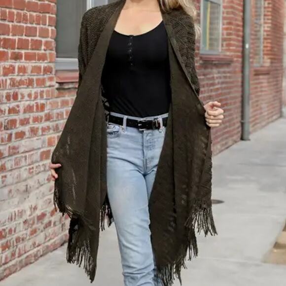 Olive Green Soft Diagonal Knit Tassel Fringe Trim Ruana Shawl Wrap - Picture 2 of 3